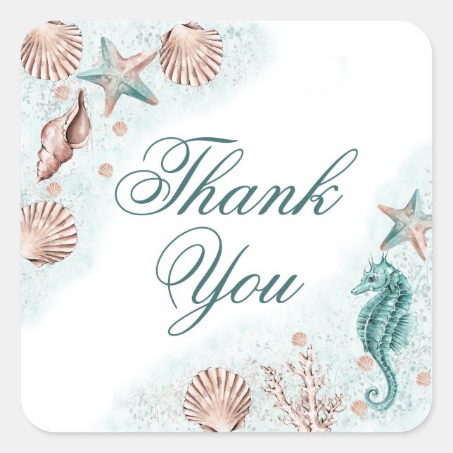 Coastal Chic | Teal Green and Coral Reef Thank You Square Sticker (Front)