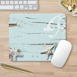 Coastal chic wood aqua blue starfish seashells mouse mat
