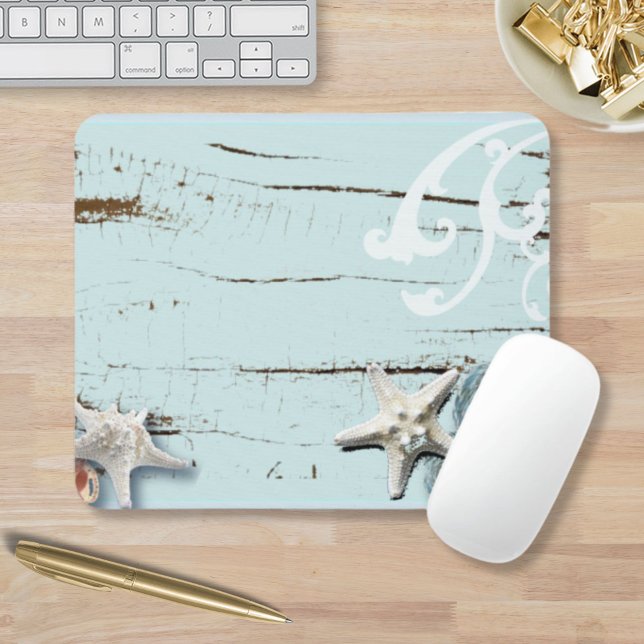 Coastal chic wood aqua blue starfish seashells mouse mat (Coastal chic wood aqua blue starfish seashells mouse pad)