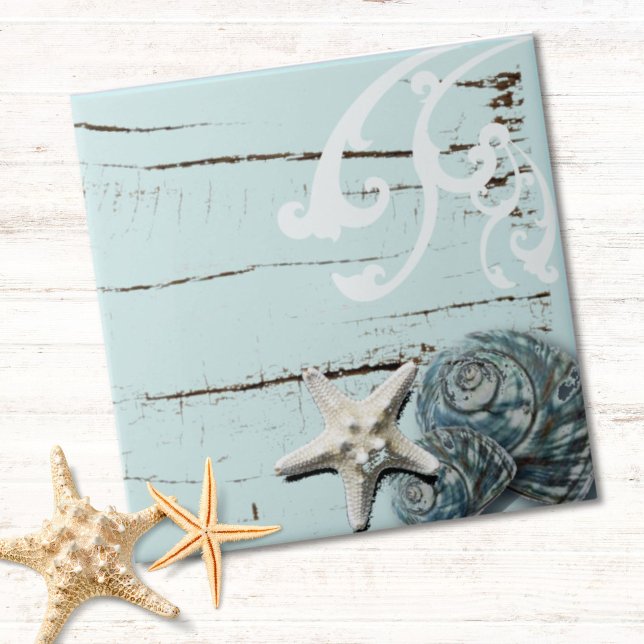 Coastal chic wood aqua blue starfish seashells tile (Coastal chic wood aqua blue starfish seashells ceramic tile)