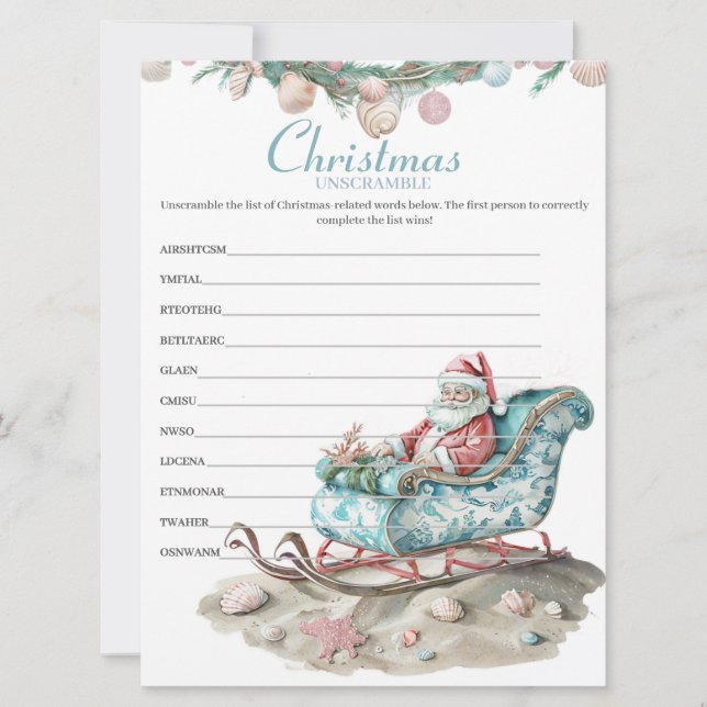 Coastal Chinoiserie Christmas Unscramble game Holiday Card (Front)