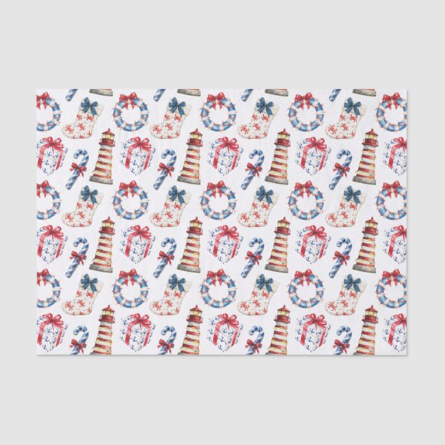 Coastal Christmas Blue and Red Nautical Tissue Paper (Front)