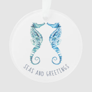 Coastal Christmas Blue Seahorse Watercolor Ornament