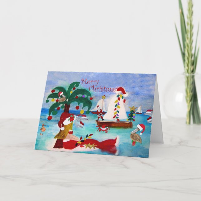 Coastal Christmas boat parade Holiday cards (Front)
