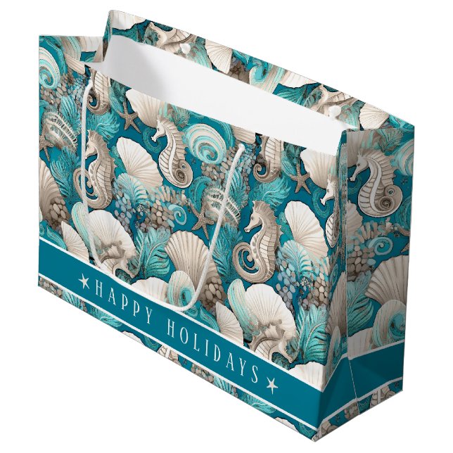 Coastal Christmas Bold Seahorse Pattern#4 ID1009 Large Gift Bag (Front Angled)