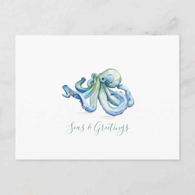 Coastal Christmas Card Watercolor Octopus Postcard (Front)