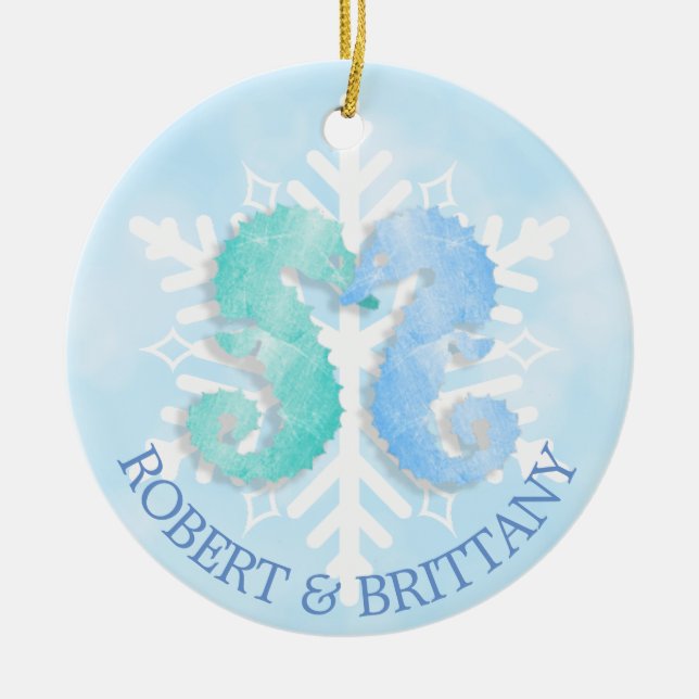 Coastal Christmas Decor Seahorse Personalised Ceramic Tree Decoration (Front)