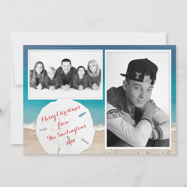 Coastal Christmas Family Photo Sand Dollar Holiday Card (Front)