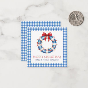 Coastal Christmas Gingham Life Preserver Wreath Card