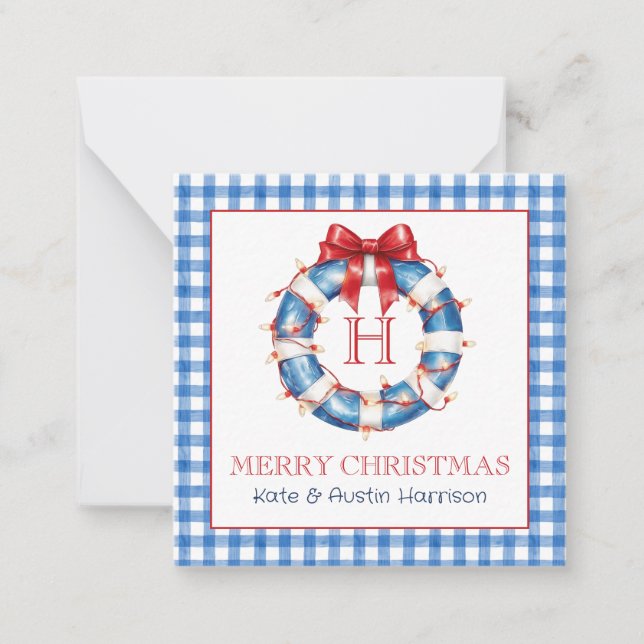 Coastal Christmas Gingham Monogram Wreath Card (Front)