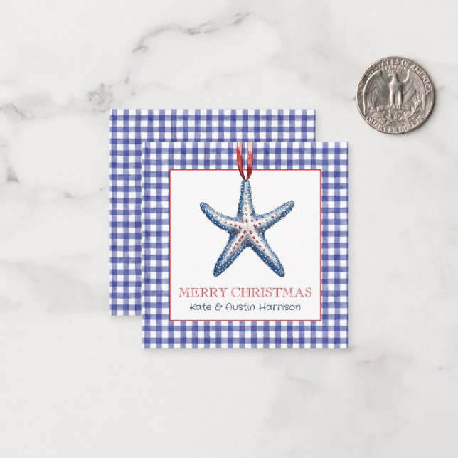 Coastal Christmas Gingham Starfish Ornament Card (Front/Back In Situ)