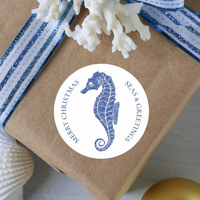 Coastal Christmas Glitter Seahorse Navy Blue Classic Round Sticker (Creator Uploaded)