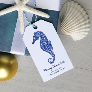 Coastal Christmas Glitter Seahorse Navy Blue Gift Tags