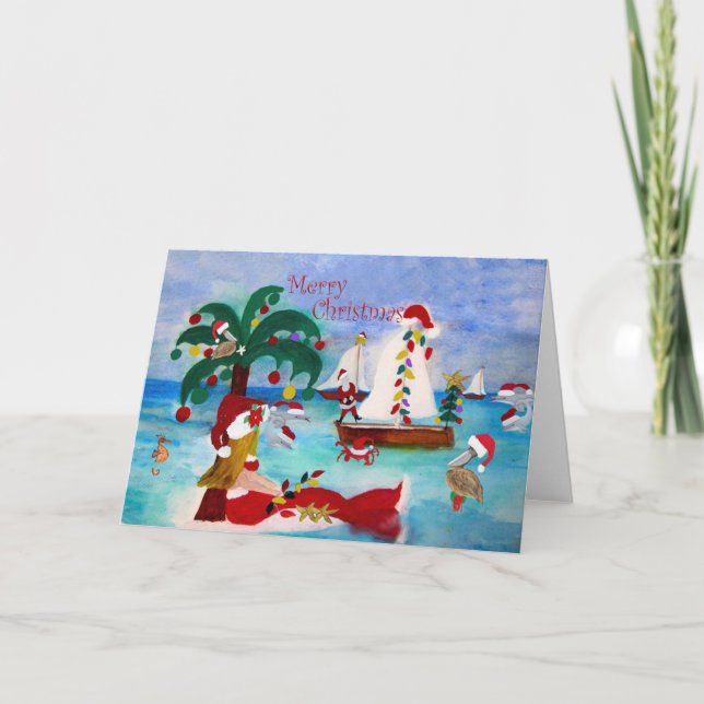 Coastal Christmas harbor parade Holiday cards. (Front)