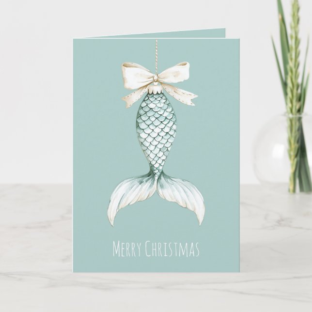 Coastal Christmas Mermaid Bow Blue Beach Ocean   Card (Front)