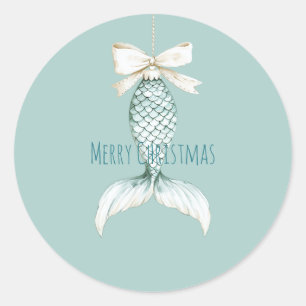 Coastal Christmas Mermaid Bow Blue Beach Ocean Classic Round Sticker