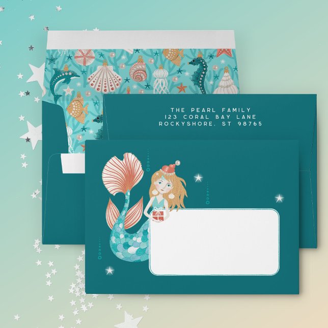 Coastal Christmas Mermaid Return Address Envelope (mockup)