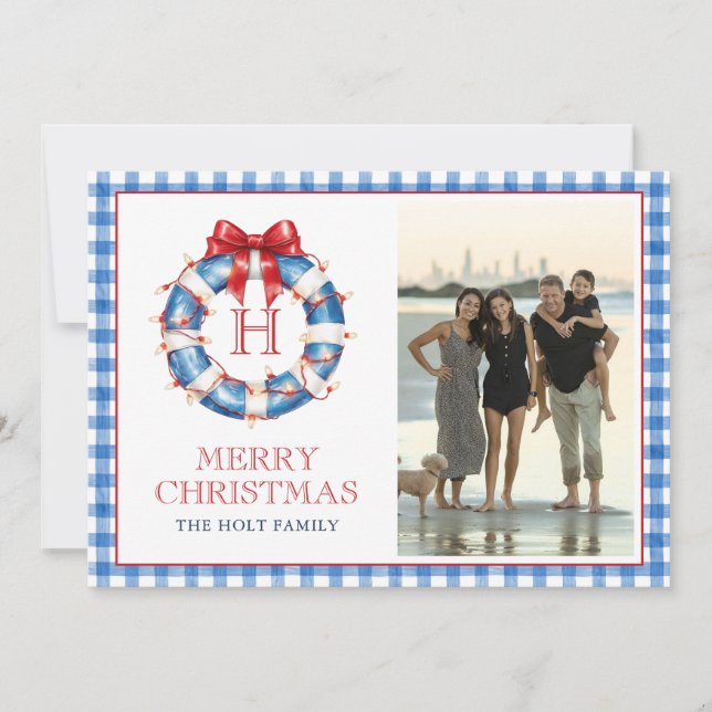 Coastal Christmas Monogram Wreath Gingham Photo Holiday Card (Front)