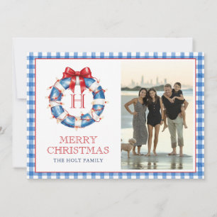 Coastal Christmas Monogram Wreath Gingham Photo Holiday Card