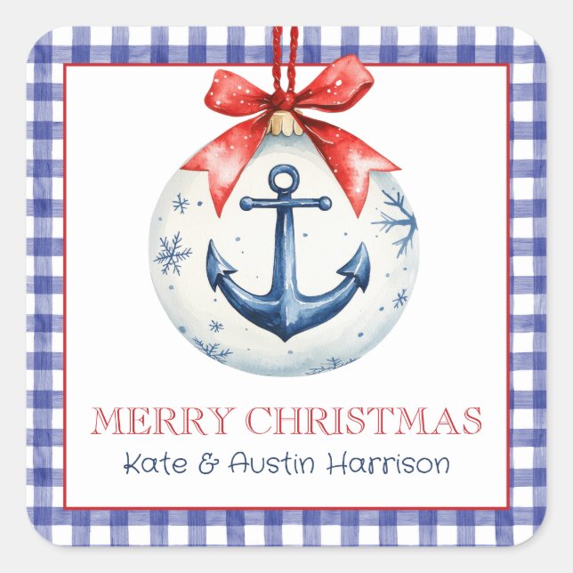 Coastal Christmas Nautical Anchor Ornament Square Sticker (Front)