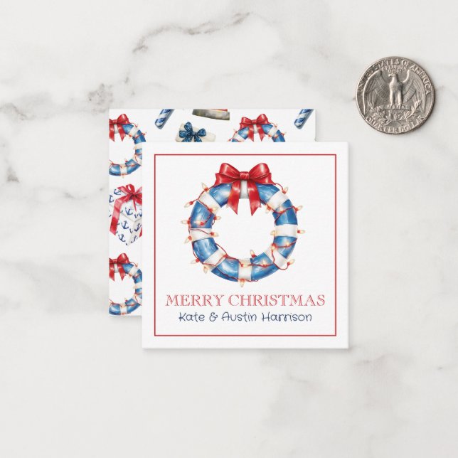 Coastal Christmas Nautical Bow Lights Wreath Card (Front/Back In Situ)