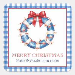 Coastal Christmas Nautical Life Preserver Wreath Square Sticker