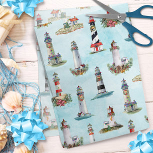 Coastal Christmas Nautical Lighthouses Blue Tissue Paper