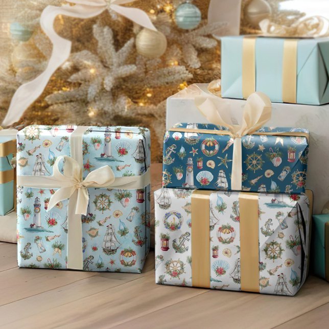 Coastal Christmas Nautical Patterns Wrapping Paper Sheet (Creator Uploaded)