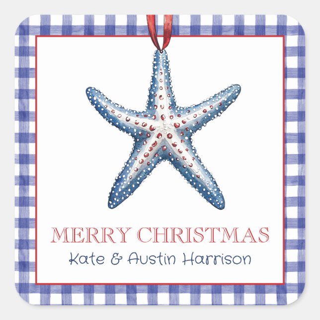 Coastal Christmas Nautical Starfish Ornament Square Sticker (Front)