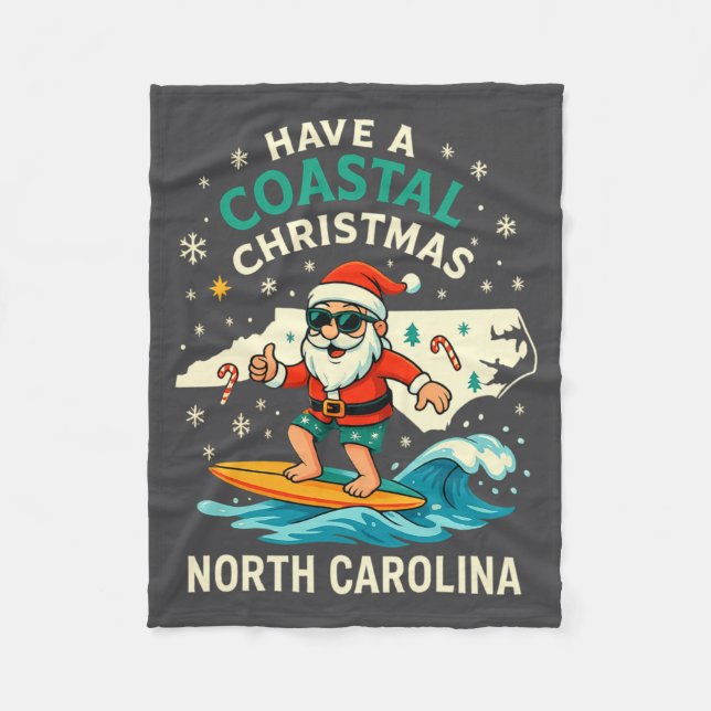 Coastal Christmas Nc Shirt Santa Surfing Funny Wav Fleece Blanket (Front)