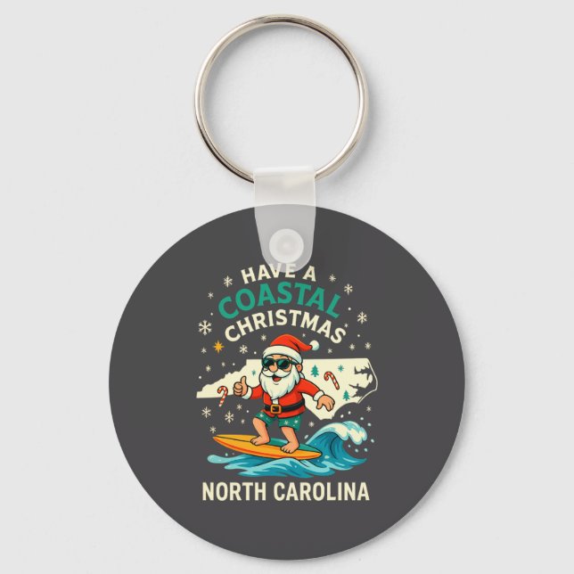 Coastal Christmas Nc Shirt Santa Surfing Funny Wav Key Ring (Front)