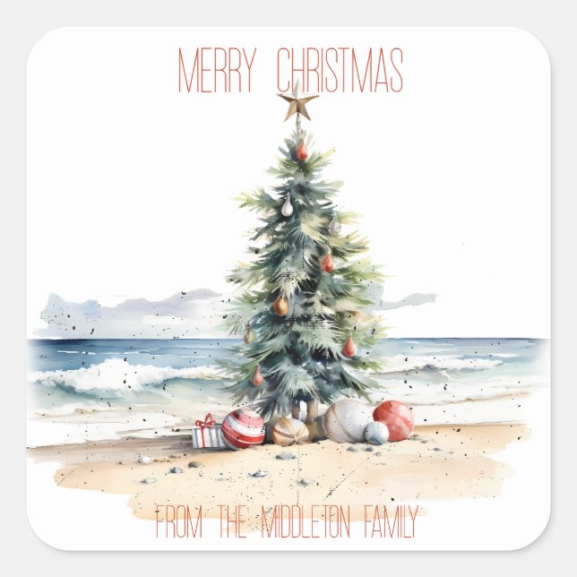 Coastal Christmas on the Beach Square Sticker (Front)