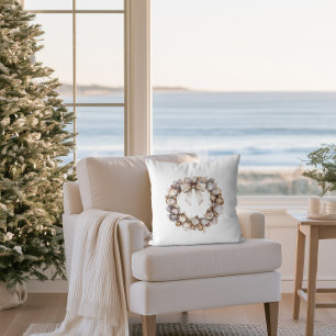 Coastal Christmas Oyster Shell Wreath Holiday Cushion