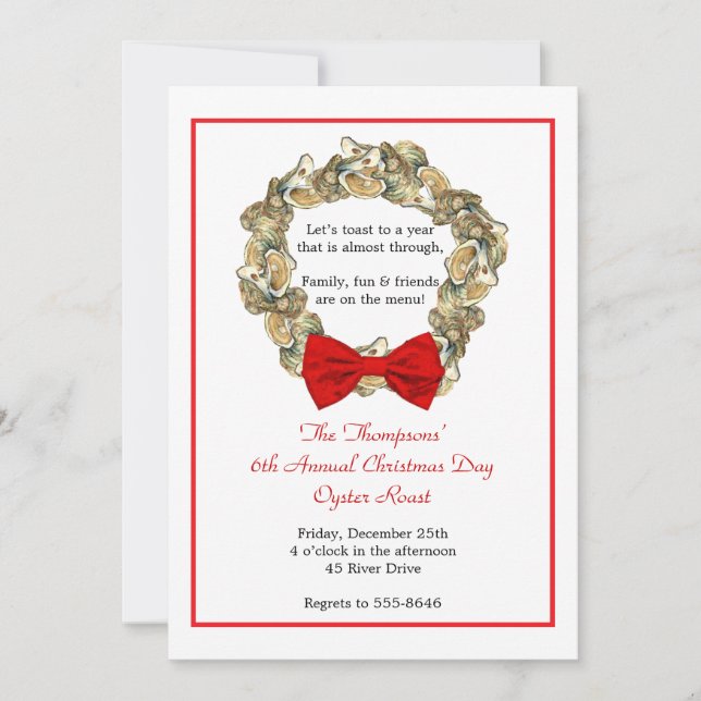 Coastal Christmas Oyster Wreath Invitation (Front)