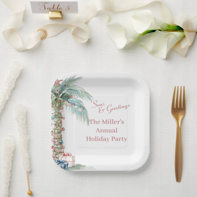 Coastal Christmas Palm Tree  Paper Plate (Wedding)