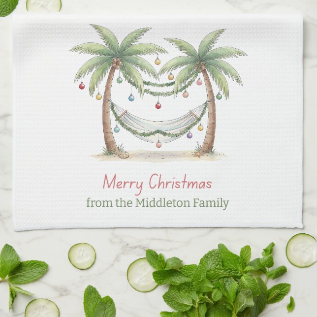 Coastal Christmas Palm Trees With Hammock Tea Towel (Folded)