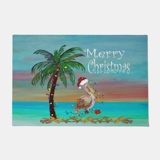 Coastal Christmas pelican Holiday doormat (Front)