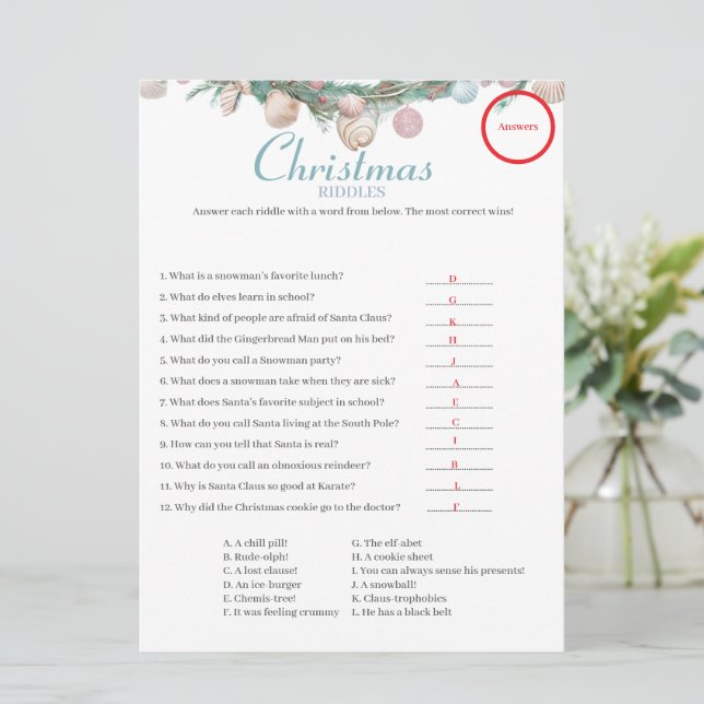 Coastal  Christmas Riddles game Answer card (Standing Front)