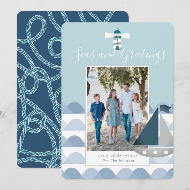 Coastal Christmas Sailboat Holiday Photo Card (Front/Back)