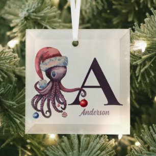 Coastal Christmas Santa Octopus Monogram Name Glass Tree Decoration