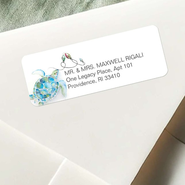Coastal Christmas Sea Turtle Address Labels (Beach Christmas return address labels watercolor sea turtle art by Victoria Grigaliunas DoTellABelle)