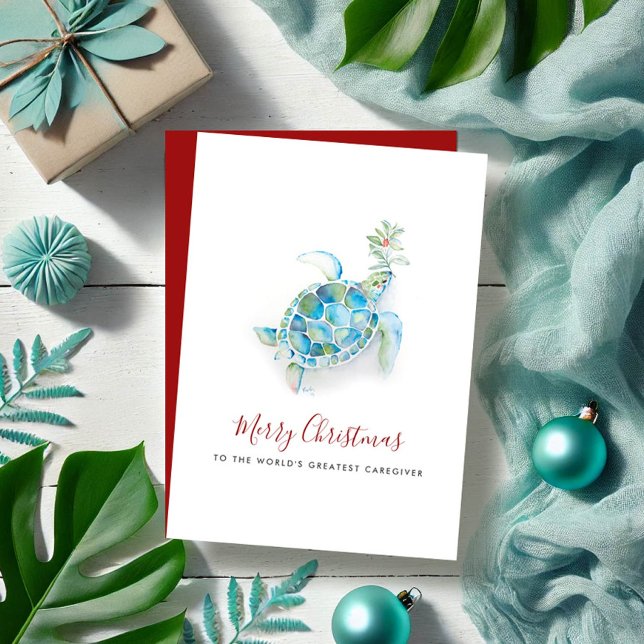 Coastal Christmas Sea Turtle Caregiver Watercolor Holiday Card (Merry Christmas wishes for caregiver features watercolor sea turtle by Victoria Grigaliunas)