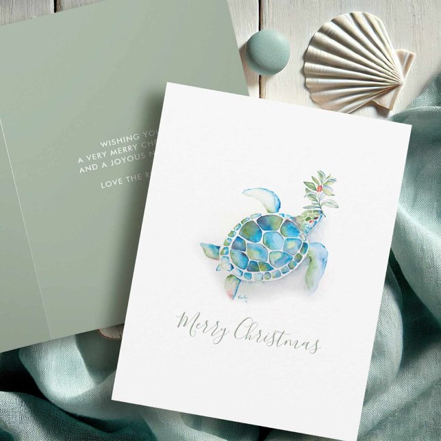 Coastal Christmas Sea Turtle Watercolor Holiday Card (Beach Christmas cards watercolor sea turtle art by Victoria Grigaliunas of Do Tell A Belle)