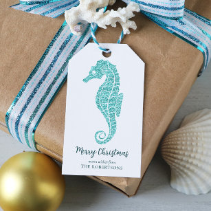 Coastal Christmas Seahorse Aqua Blue Gift Tags