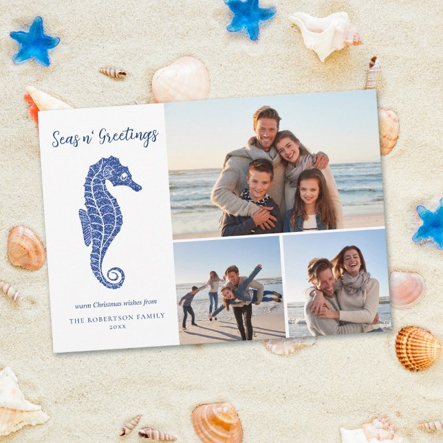 Coastal Christmas Seahorse Navy Blue 3 Photo Holiday Card (Creator Uploaded)
