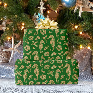 Coastal Christmas Seahorse Pattern Gold Green Wrapping Paper