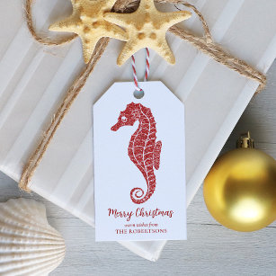 Coastal Christmas Seahorse Red Glitter Gift Tags