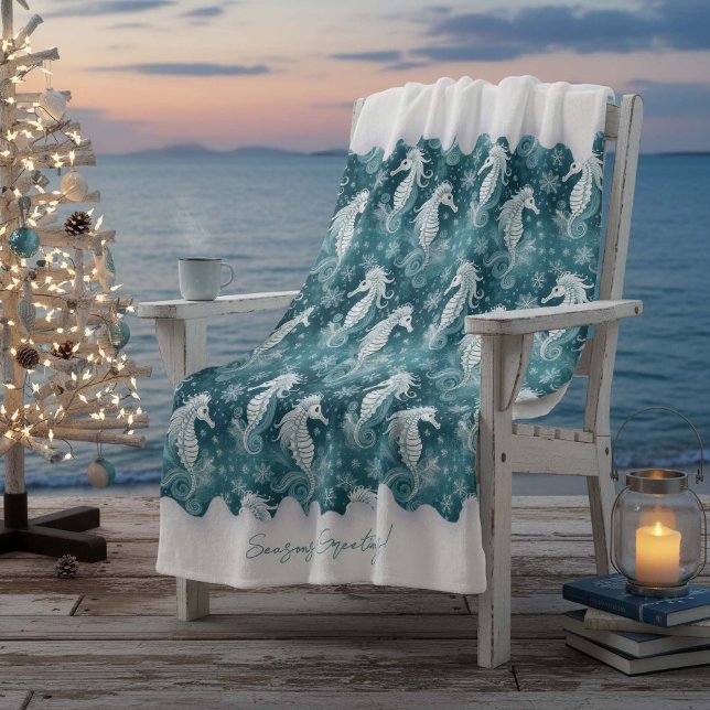 Coastal Christmas Seahorse & Snowflakes #13 ID1009 Fleece Blanket (Creator Uploaded)