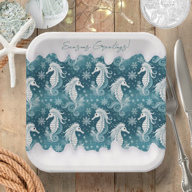 Coastal Christmas Seahorse & Snowflakes #13 ID1009 Paper Plate (Creator Uploaded)