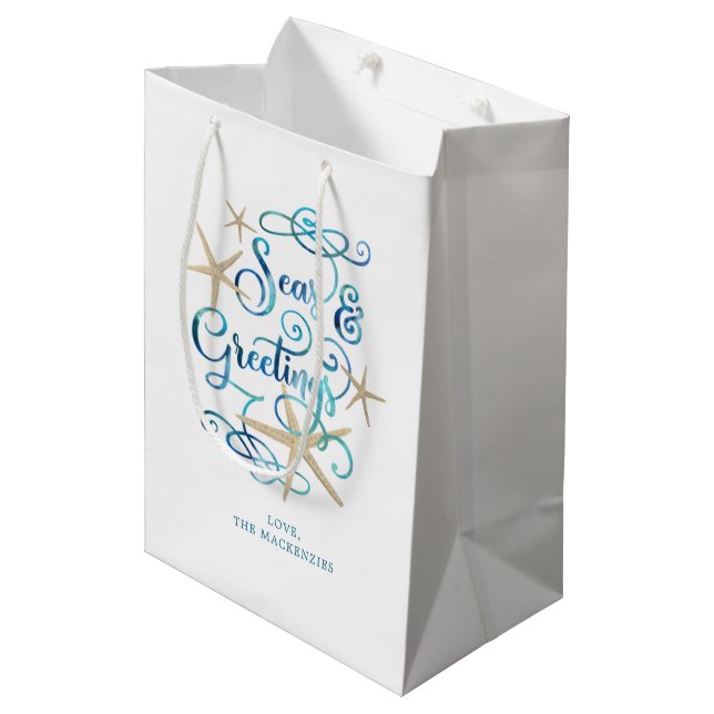 Coastal Christmas Seas and Greetings Starfish Name Medium Gift Bag (Front Angled)